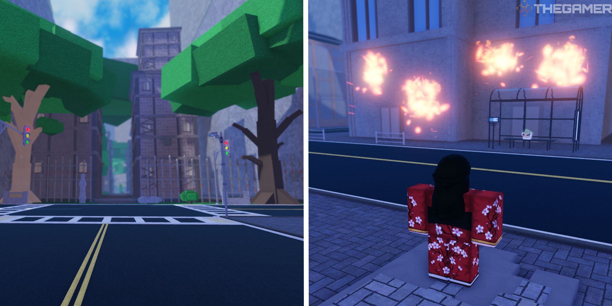 split image showing the slums next to image of player watching a building burn