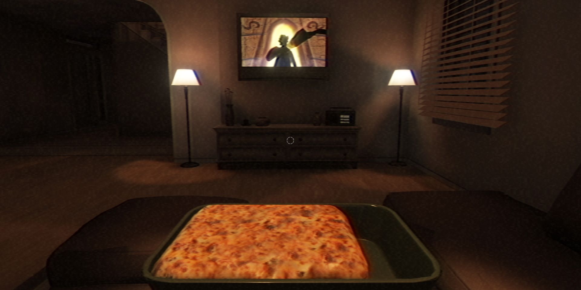 First person perspective of the protagonist watching TV while eating lasagna in the living room