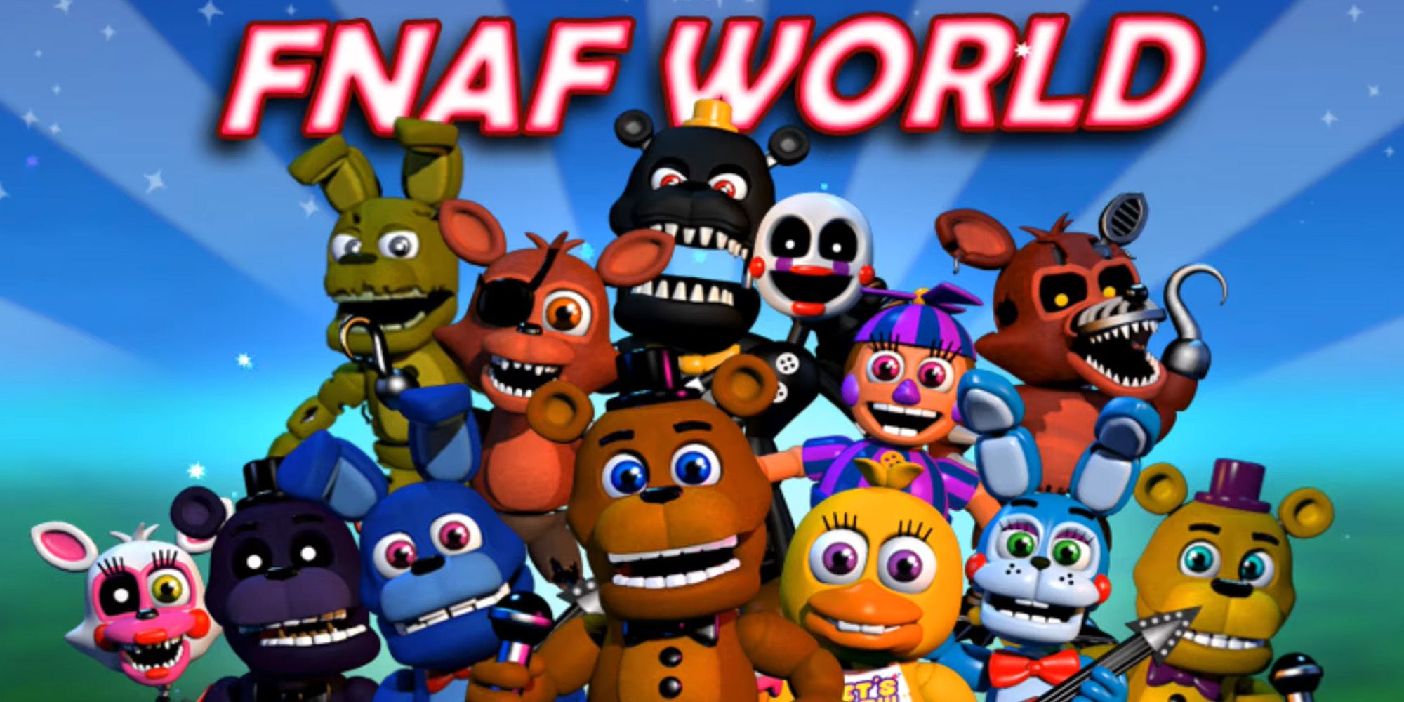 FNAF World - Freddy, Chica, Bonnie, Foxy, And The Rest Of The Cast Standing Beneath The Logo