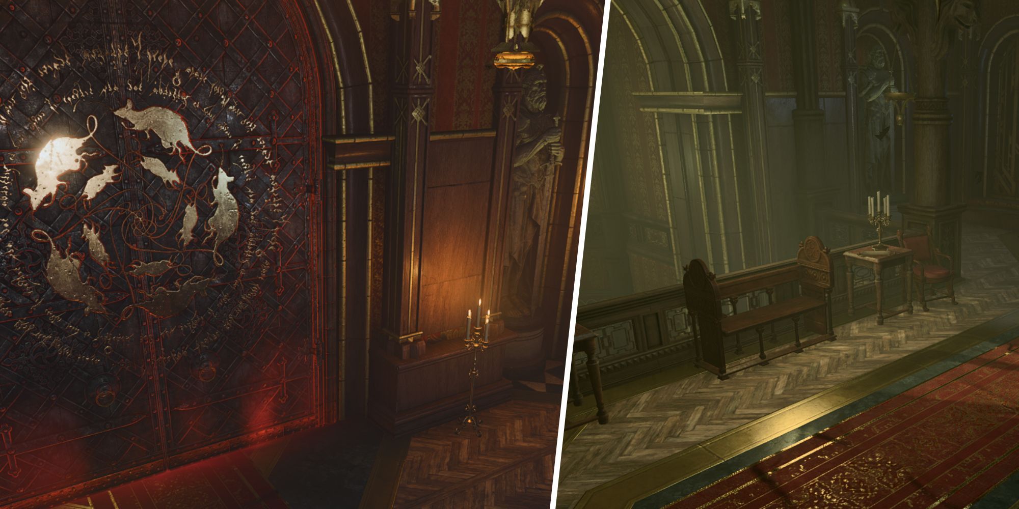 Baldur's Gate 3 - Split image: Cazador's Sinister Door and a hallway in the Szarr Palace