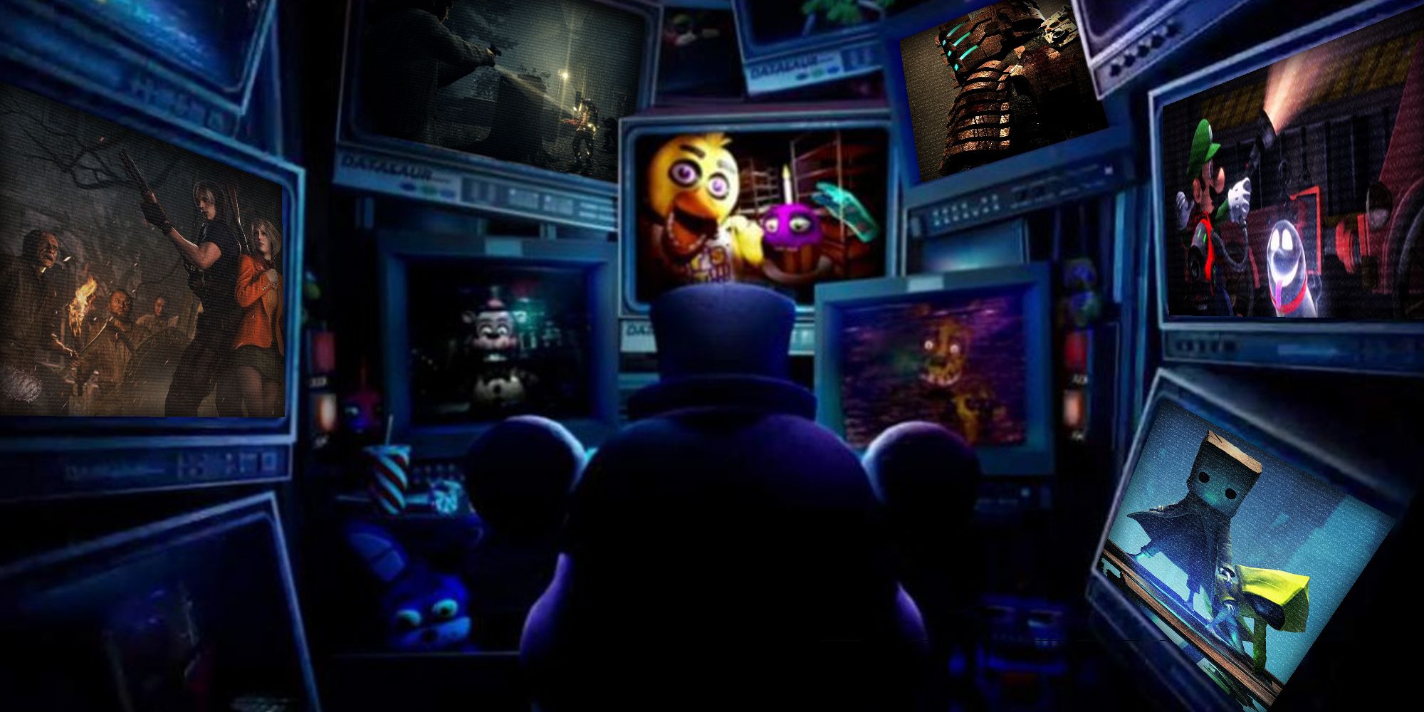 freddy watching horror games on lots of different screens from a control room