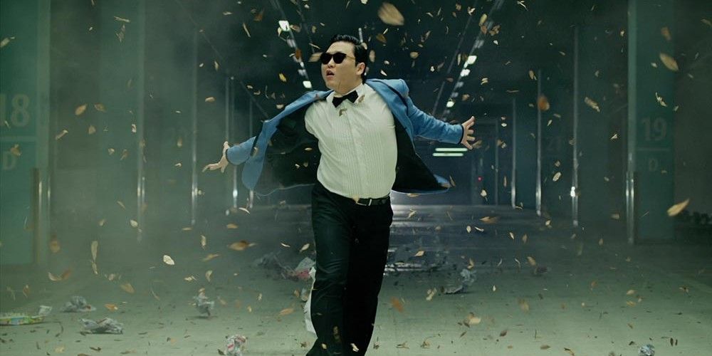 Psy dancing with an explosion behind him in his music video for Gangnam Style