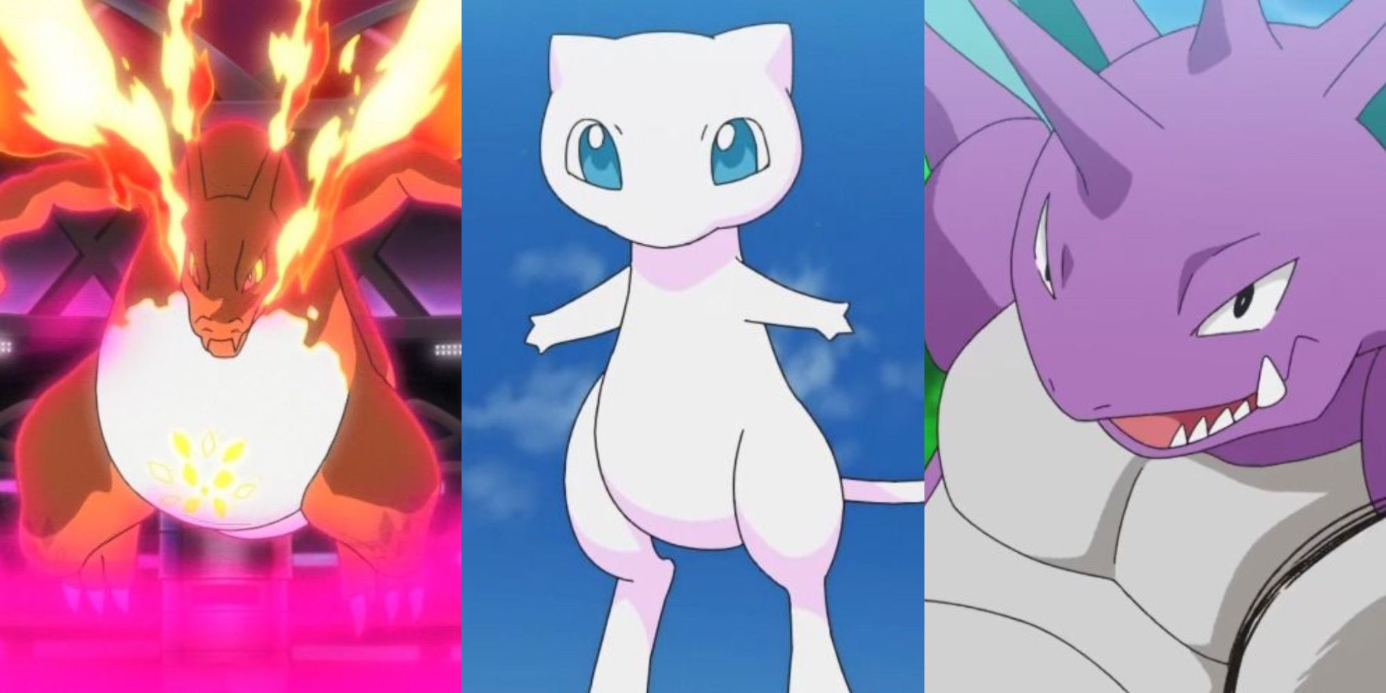 A split image of Gmax Charizard, Mew floating in the air, and Nidoking smirking in the Pokemon Anime.
