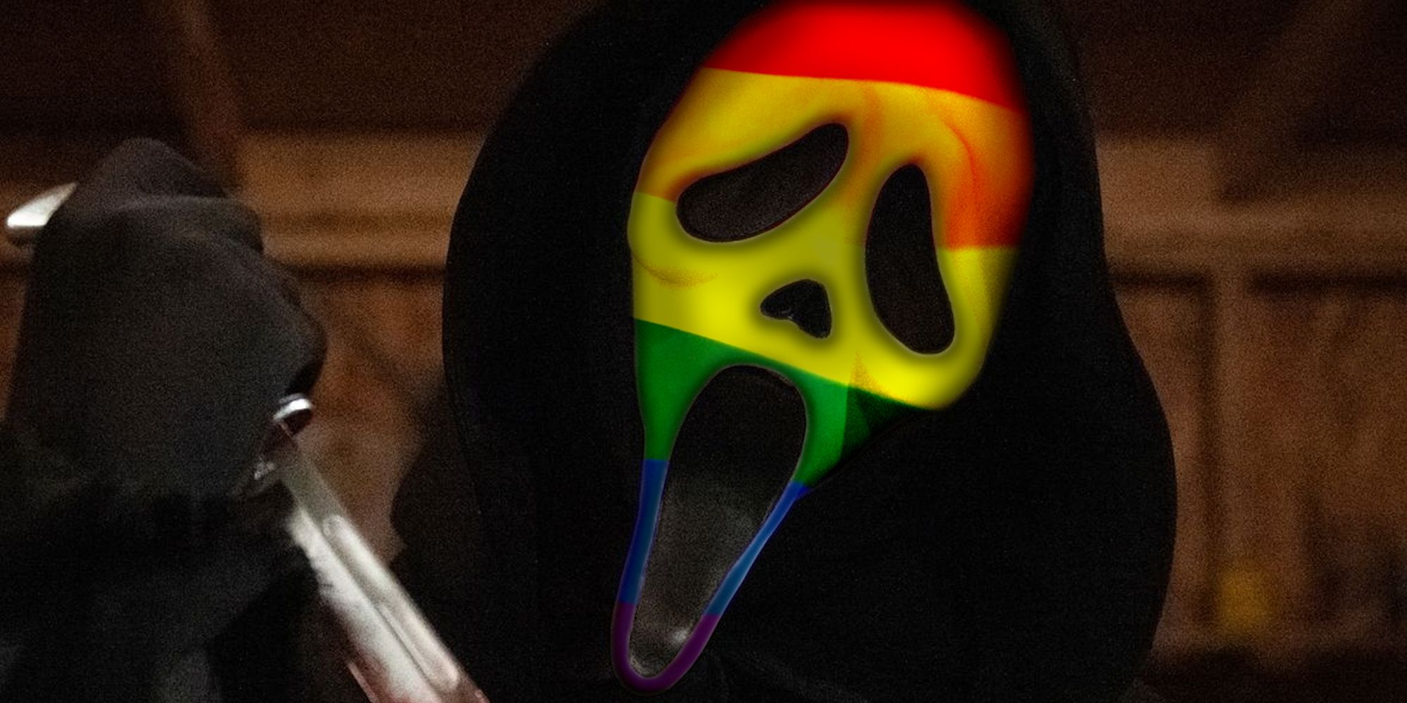 Ghostface from Scream but their mask is the LGBTQ flag