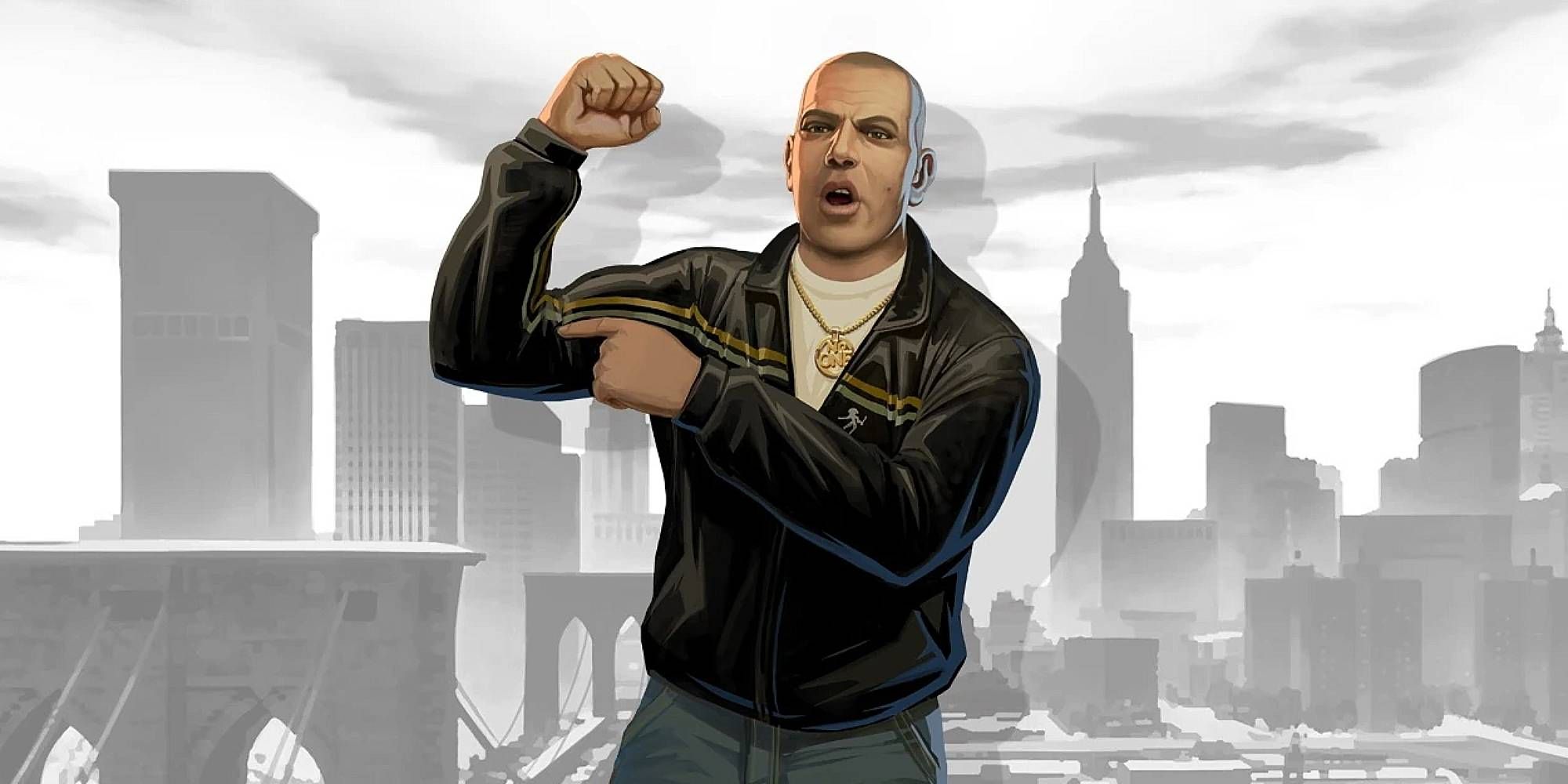 Brucie Kibbutz flexing in front of greyscale artwork of Liberty City in Grand Theft Auto 4.