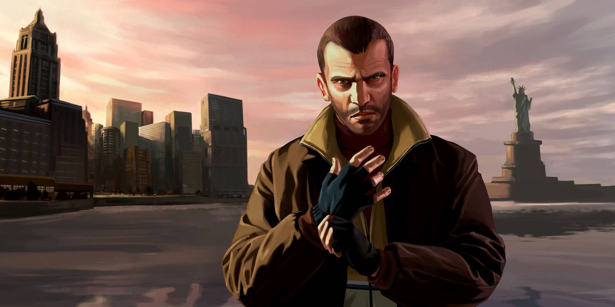 Niko Bellic posing in front of Liberty City in Grand Theft Auto 4.