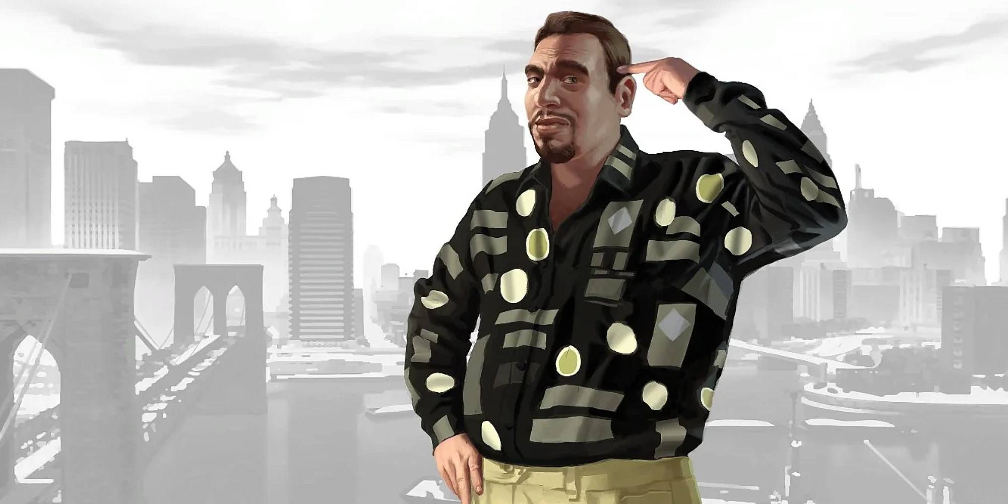 Roman Bellic posing in front of greyscale artwork of Liberty City in Grand Theft Auto 4.