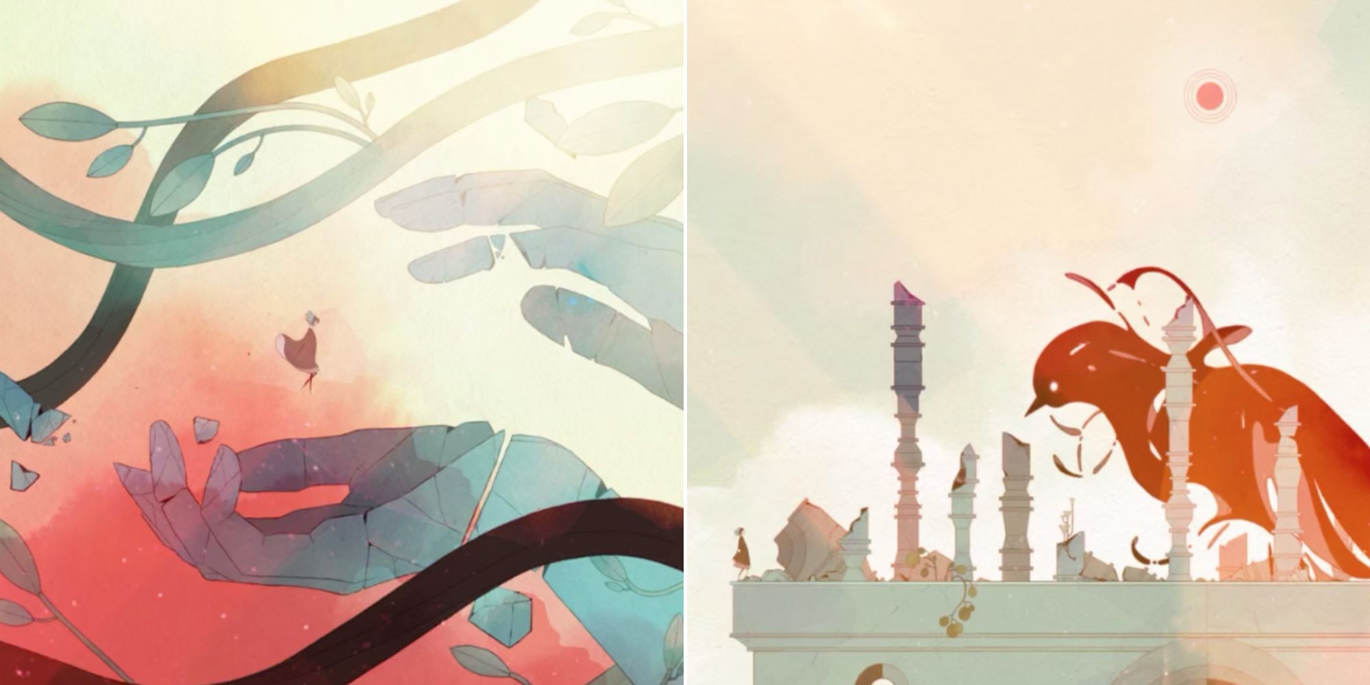 Gris floating in-between a statue's hands and Gris meeting the giant bird in Gris