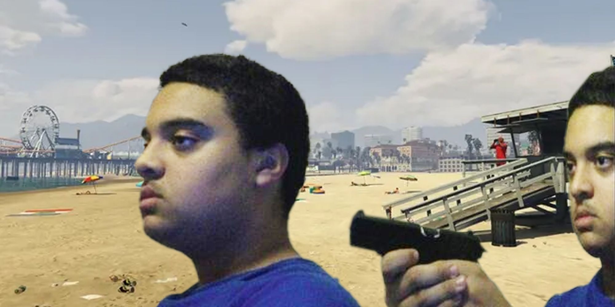 Grand Theft Auto 5 beach with meme of kid pointing a gun at a clone of himself on top