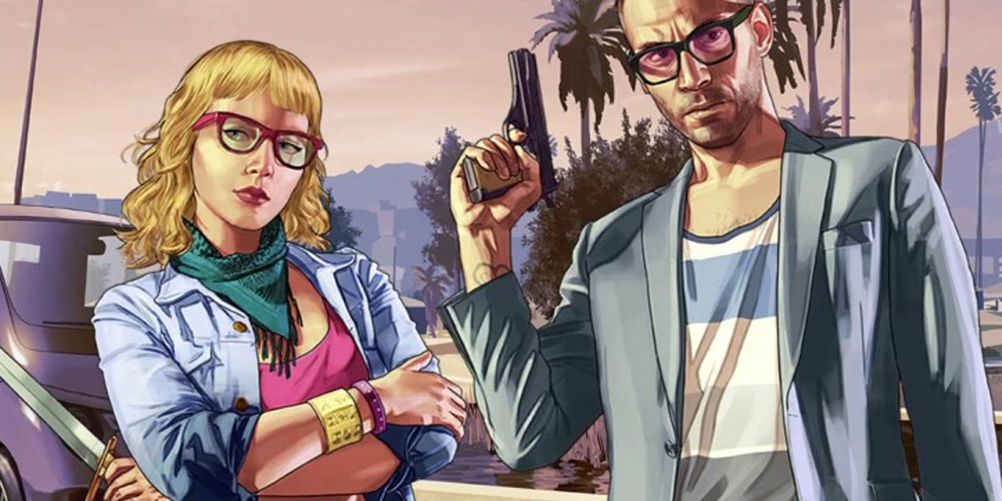 GTA Online loading screen showing a woman with her arms folded and a man holding a pistol