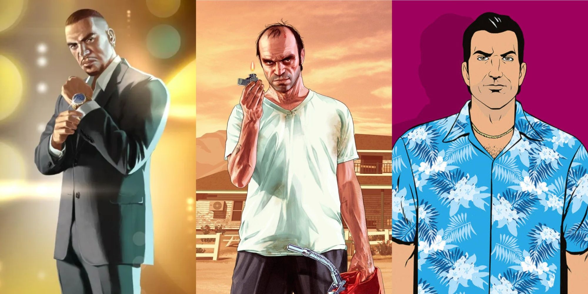 GTA protagonists: Luis Lopez, Trevor, and Tommy Vercetti artwork
