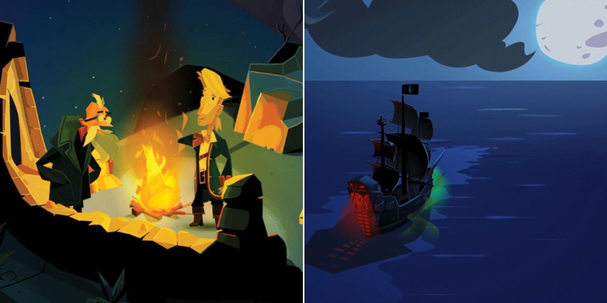 Guybrush Threepwood at a campfire and a pirate ship sailing off at night in Return To Monkey Island