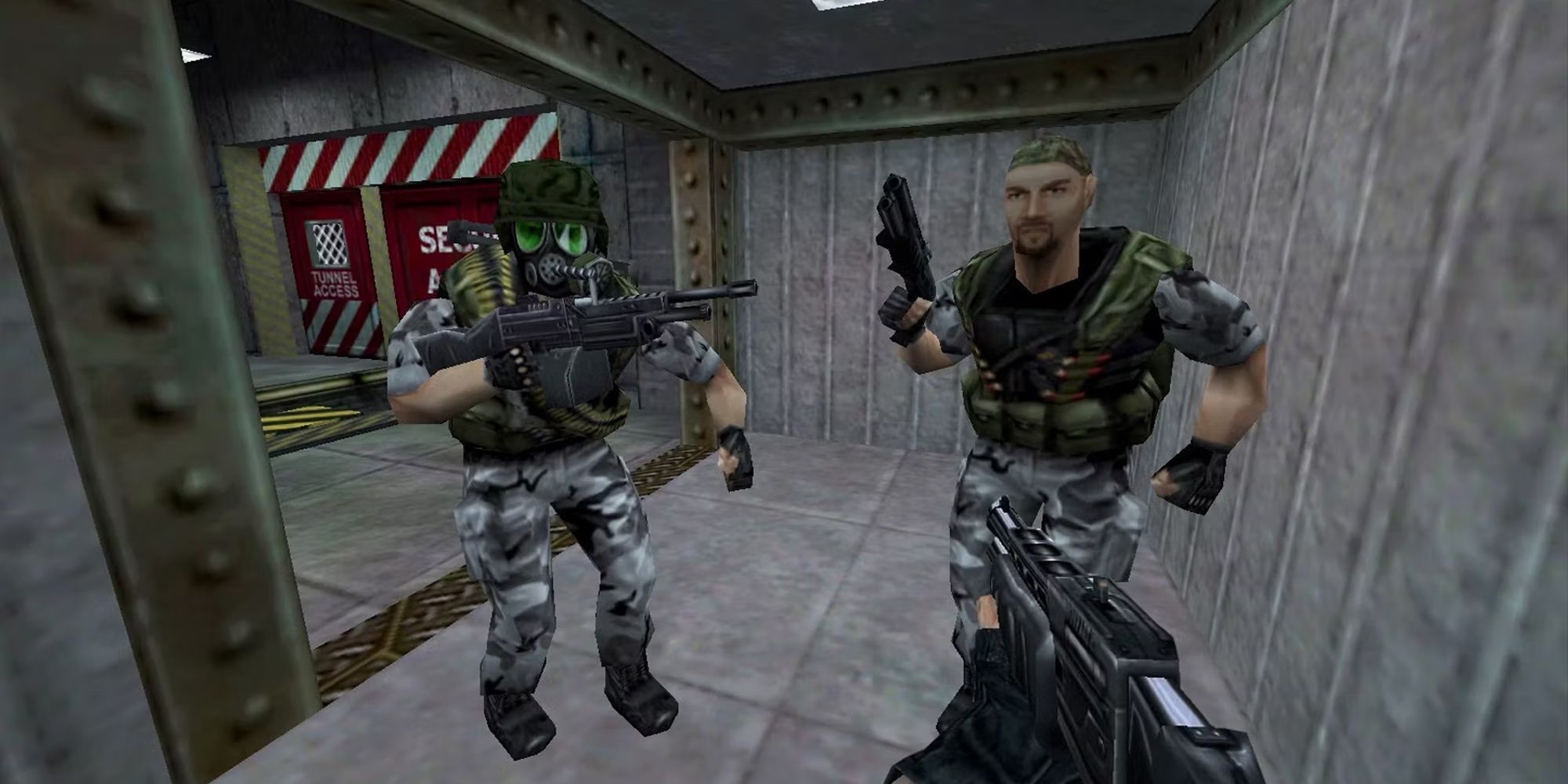 Half-Life: Opposing Force two HECU soldiers in Black Mesa while the player points a shotgun at them