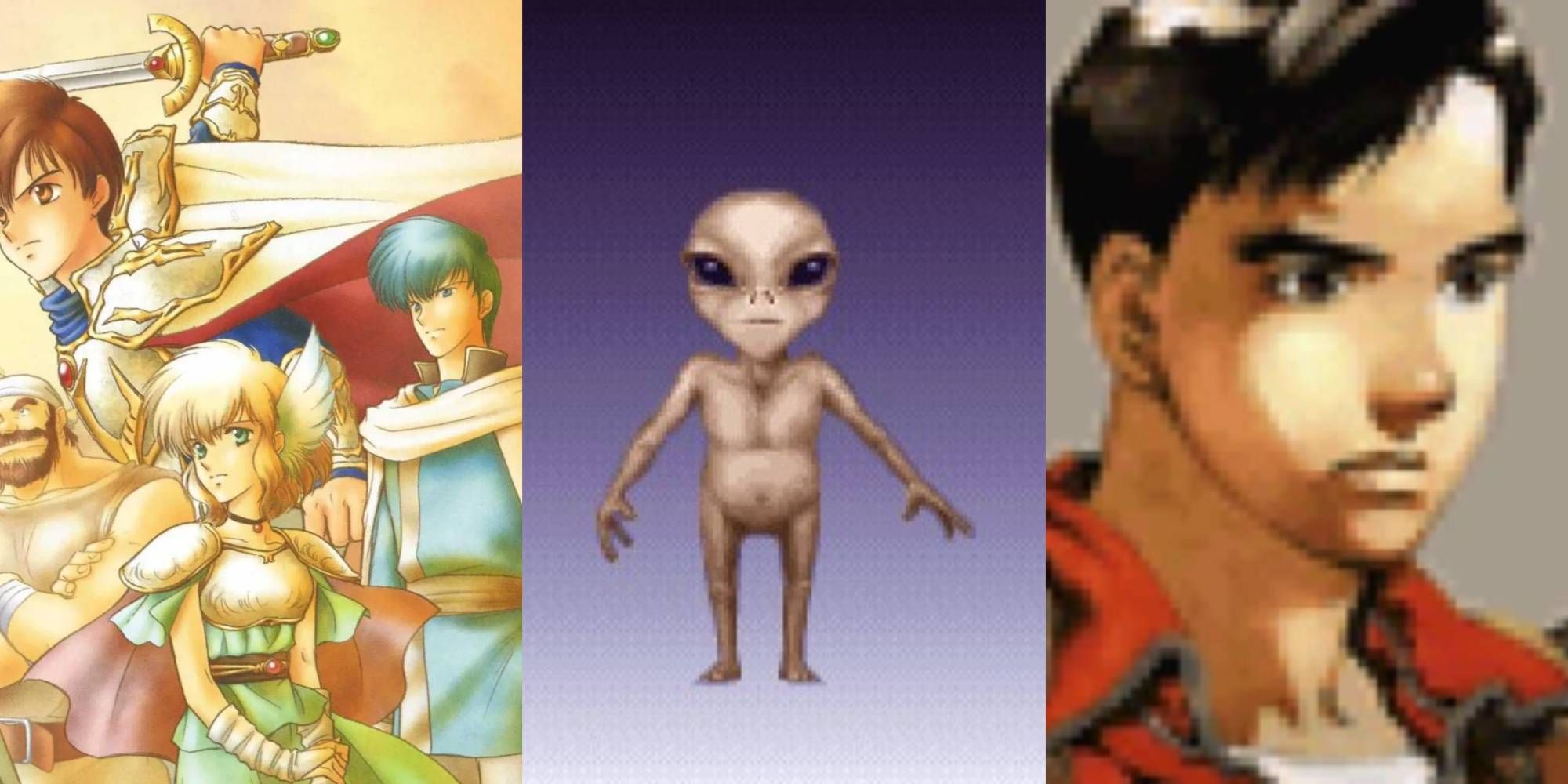 Characters Artwork From Fire Emblem: Thracia 776, Sectoid From X-Com: UFO Defense, and Kazuki From Front Mission 3