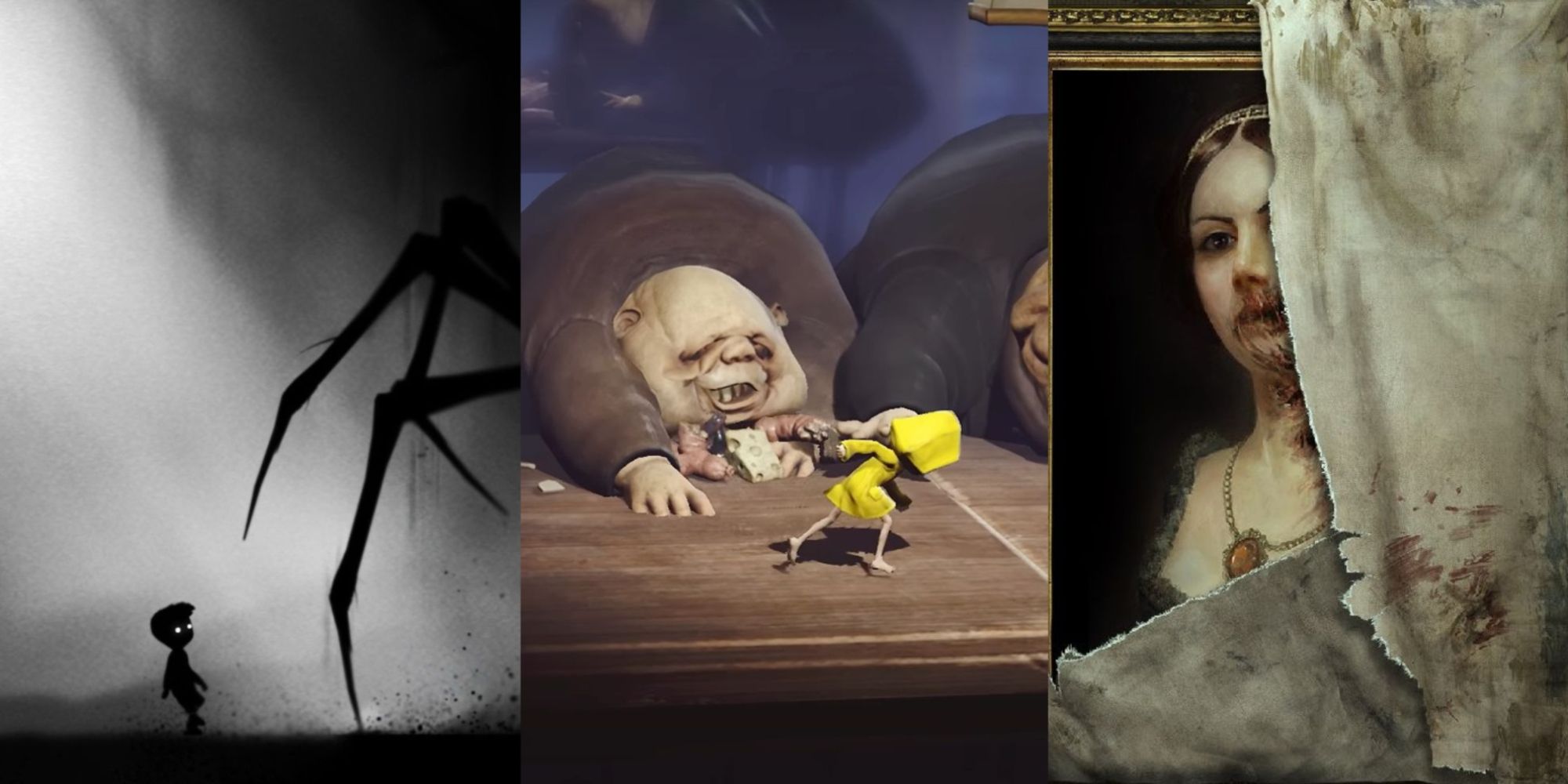 Horror Puzzle Games Featured Split Image Limbo, Little Nightmares, and Layer Of Fear
