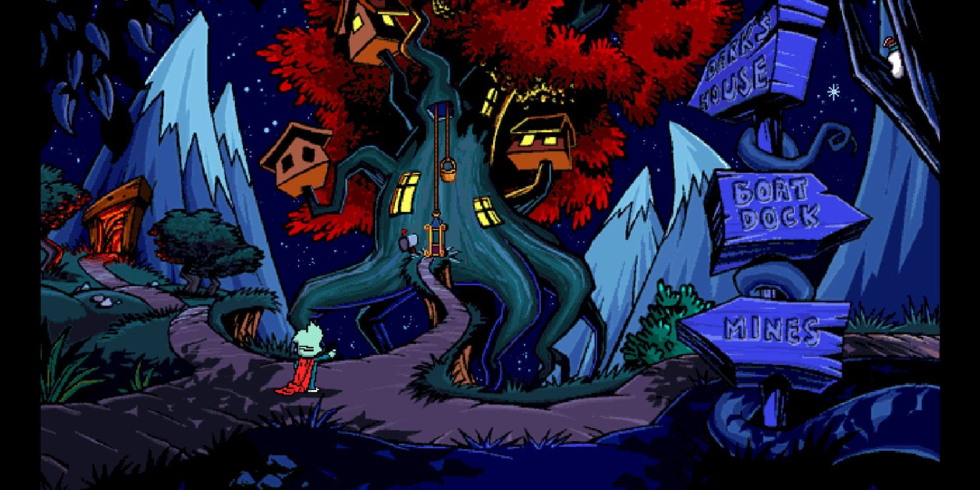 Pajama Sam in front of Darkness' treehouse.