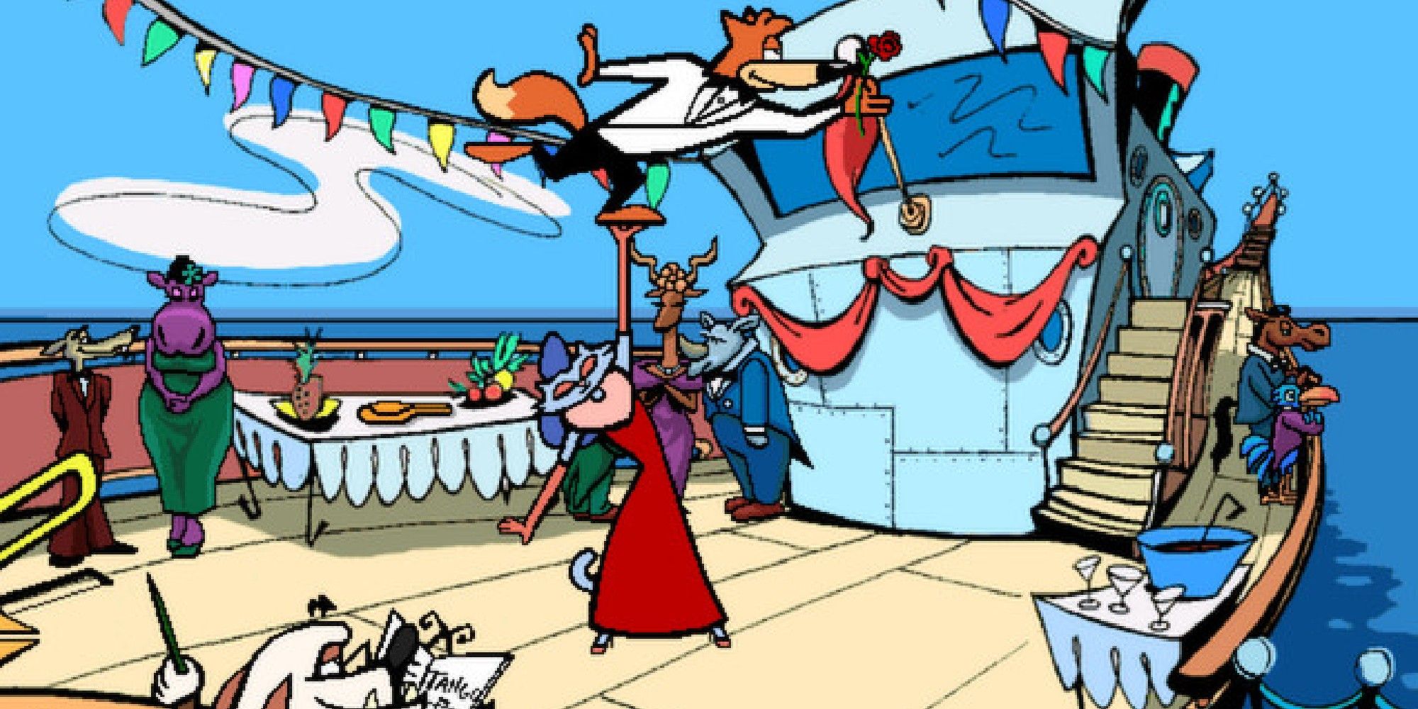 Spy Fox dancing with a cat lady on a boat.