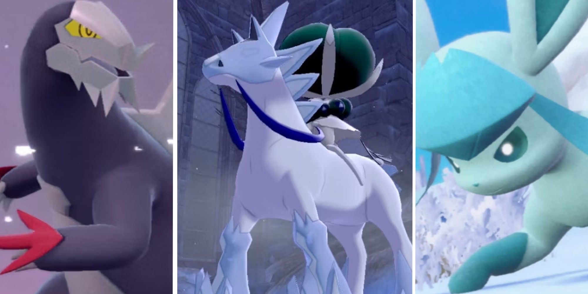 A collage showing Baxcalibur, Calyrex-Ice, and Glaceon.