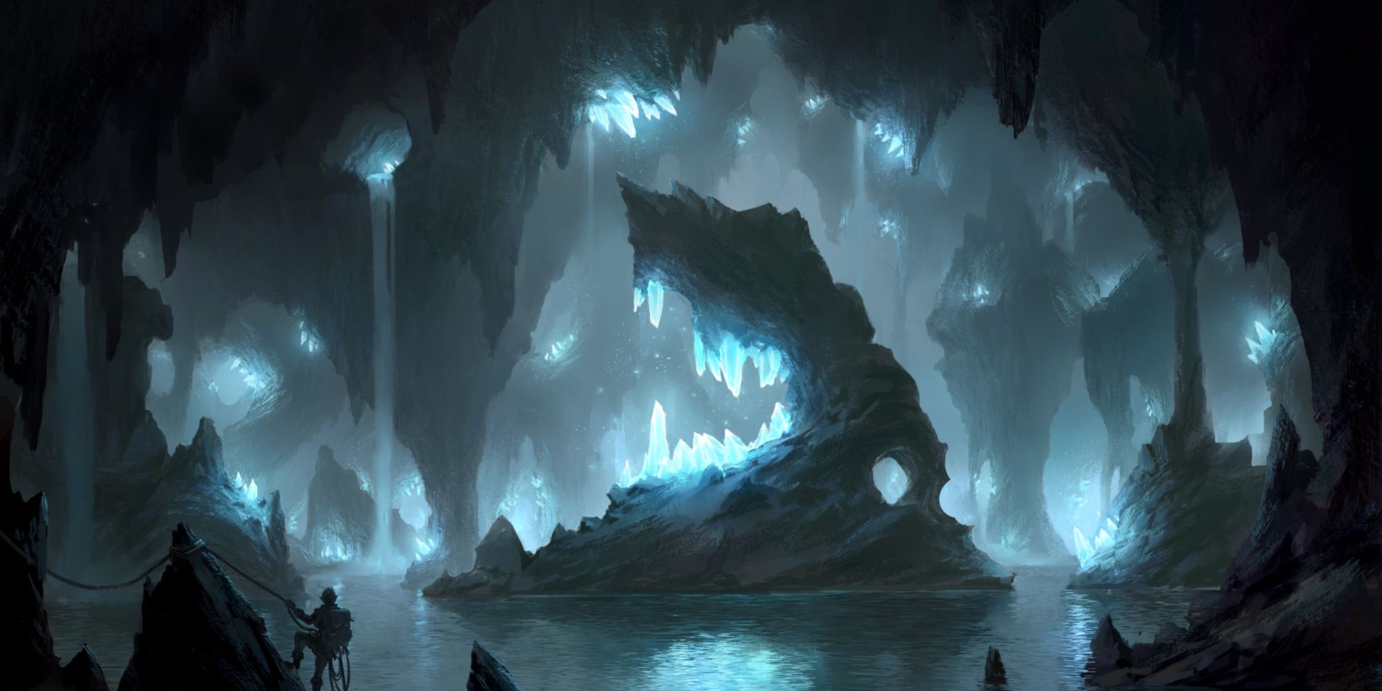 Island by Piotr Dura a crystal cave with an island in the middle of an underground lake crowing many glowing crystals