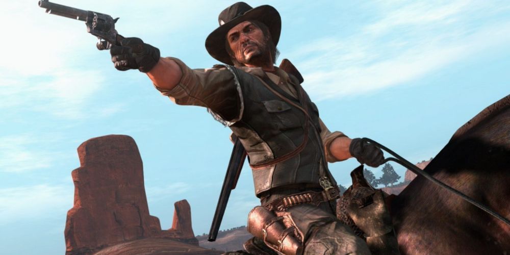 Red Dead Redemption image of John Marston aiming a Double Action Revolver while riding a horse.