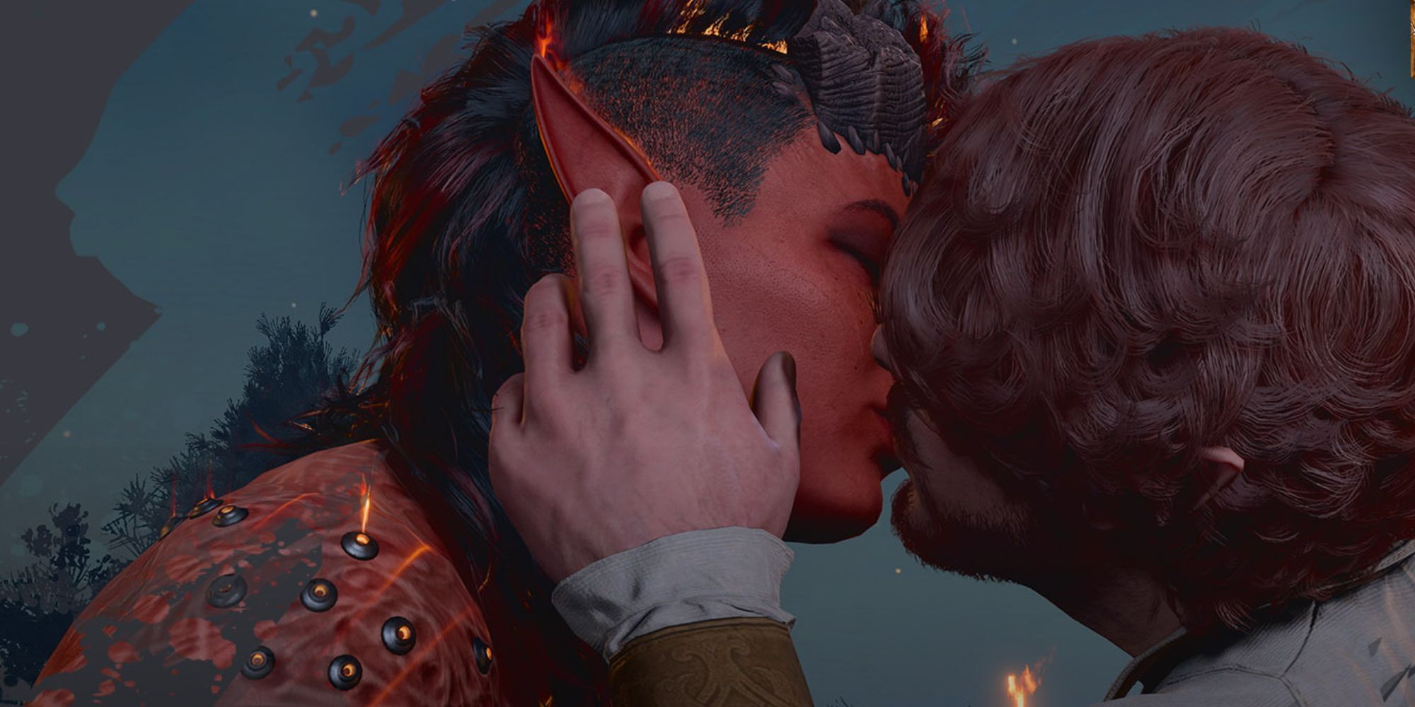 A short man kisses his tall, red, fire-y girlfriend in Baldur's Gate 3. 