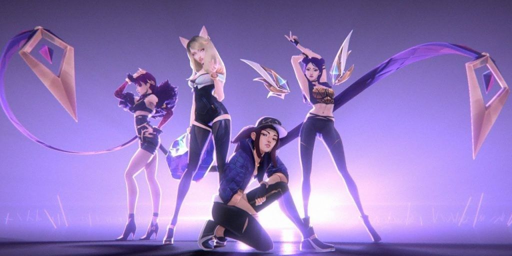 The four avatar members of K/DA standing against a purple background In League Of Legends.