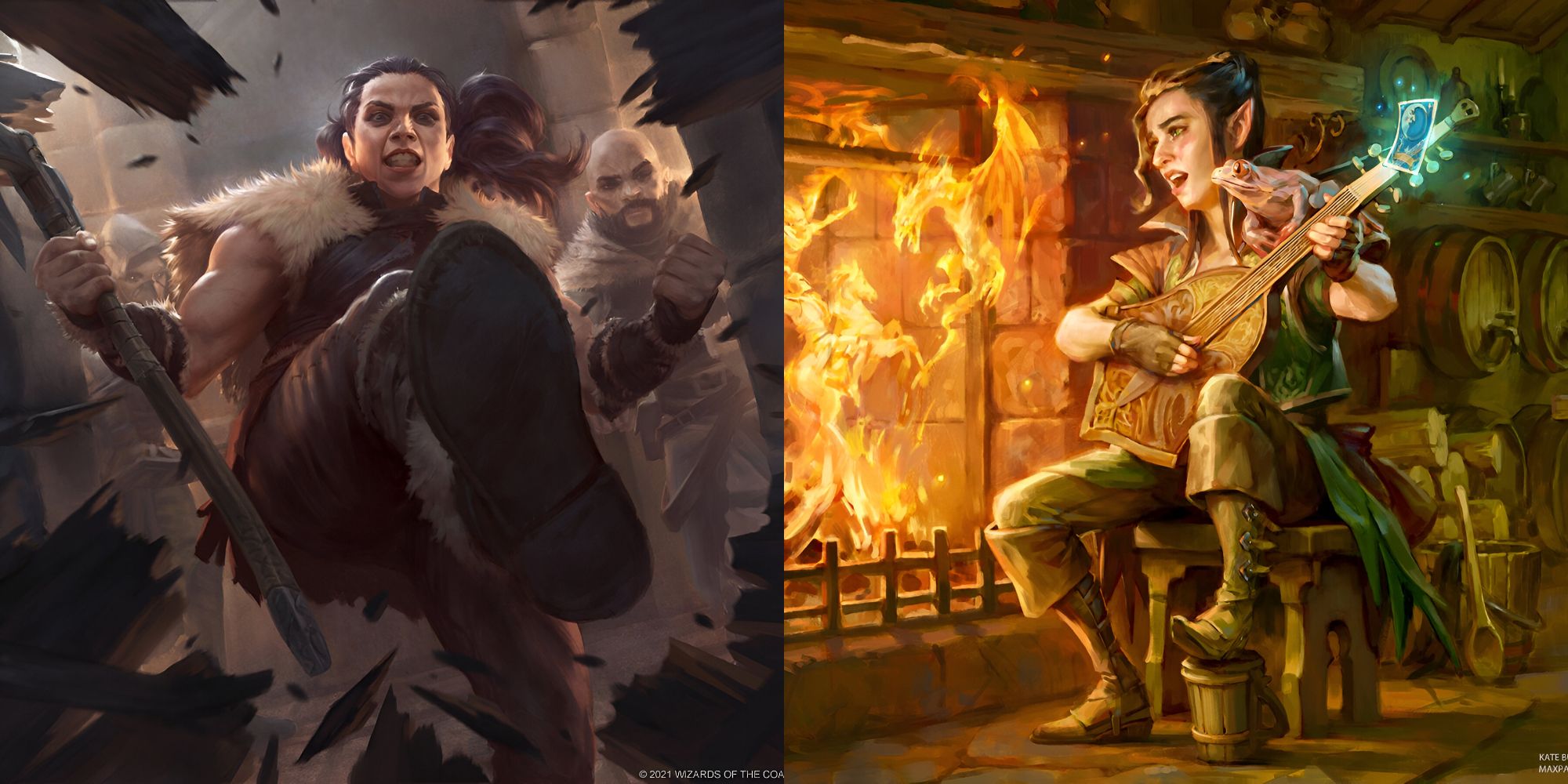 Left: A character kicking in a door. Right: A bard playing a lute by an tavern's fire