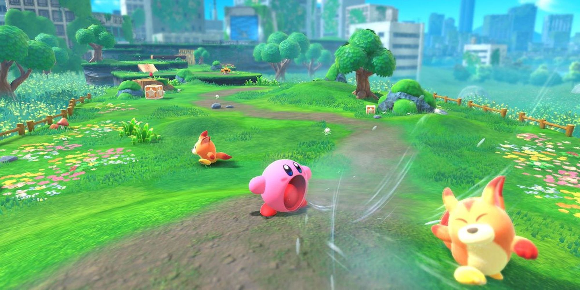 Kirby And The Forgotten Land: Kirby Sucking In A Fox Creature