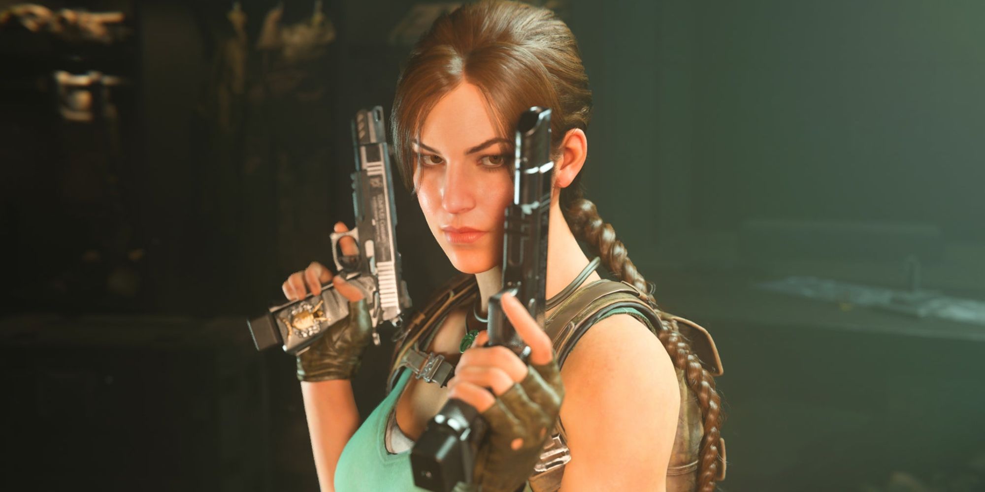 Lara Croft has her iconic brunette braid, dual wielding pistols, and turquise tank top