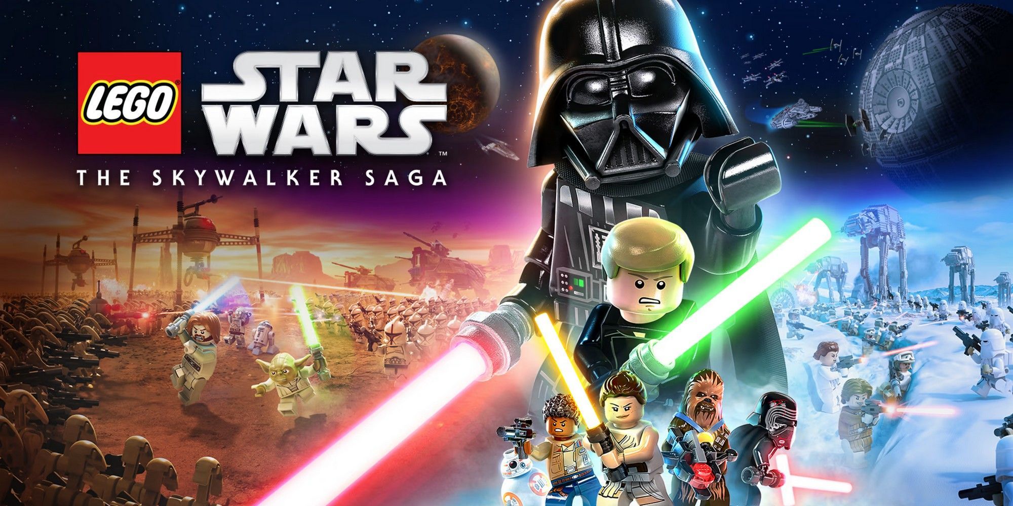 Lego Star Wars The Skywalker Saga - Luke Skywalker, Darth Vader, Rey, Poe, BB-8, Chewbacca, And Kylo Ren Posing With Their Lightsabers And Blasters