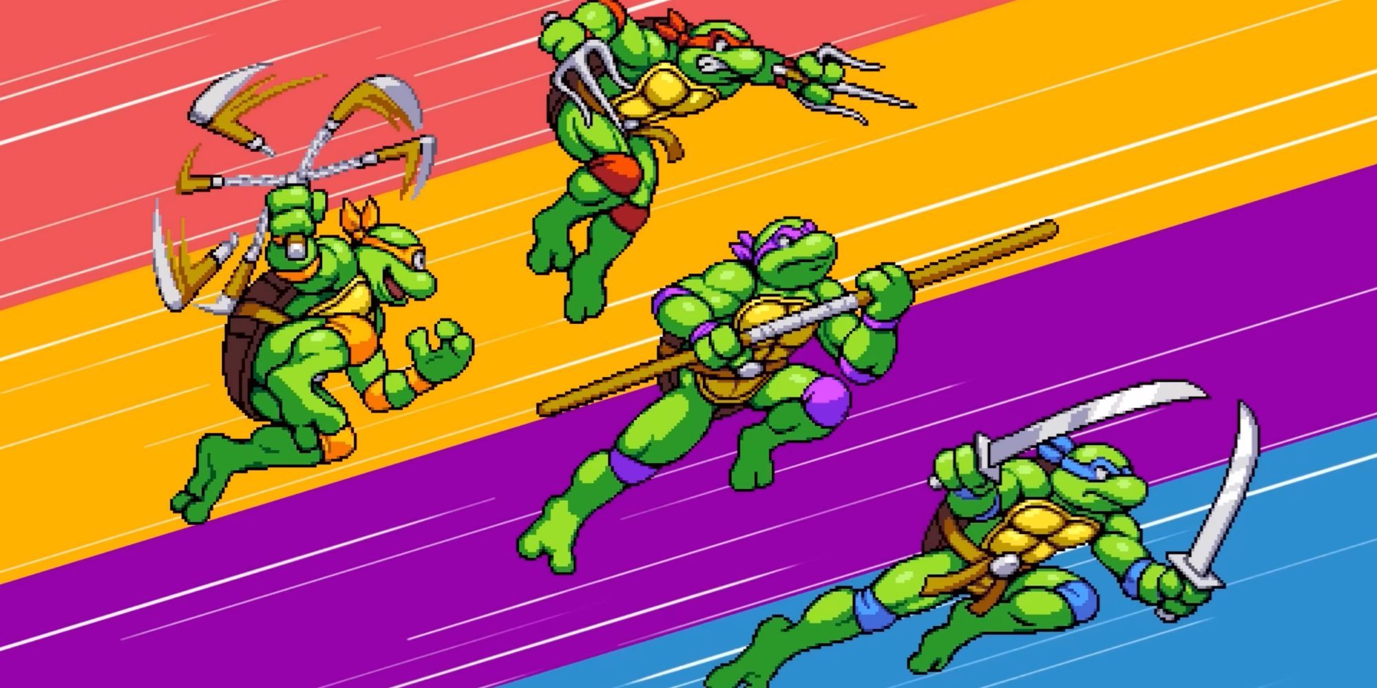 Teenage Mutant Ninja Turtles Shredder's Revenge - Leonardo, Raphael, Donatello, And Michelangelo Leaping Through The Air With Their Weapons
