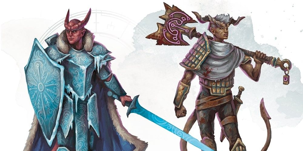 Tiefling در زره های انجماد و یک مبهم با یک مول جادویی غول پیکر از Dungeons & Dragons.