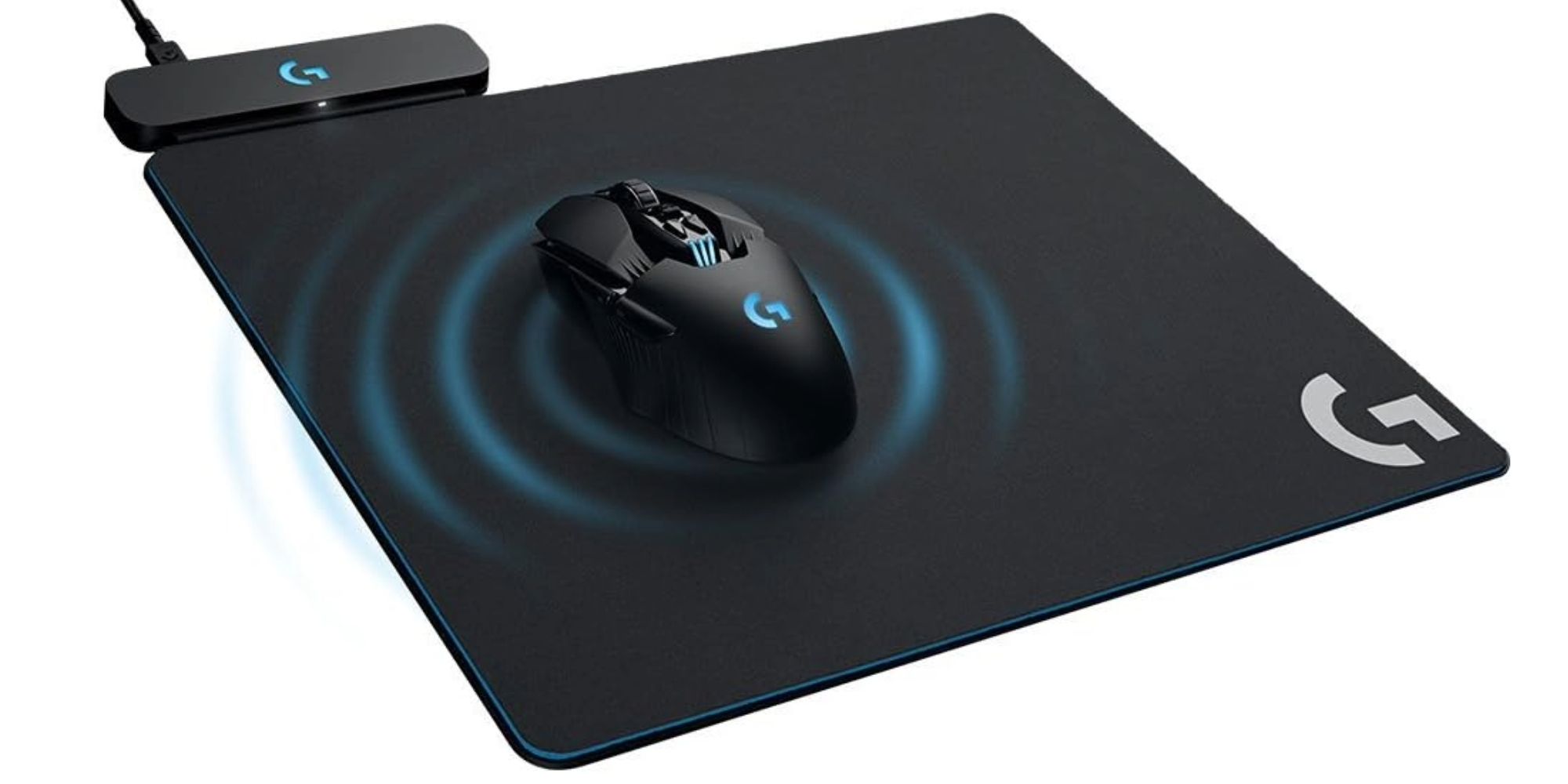 A black mouse pad against a white backdrop. A pulsing black and blue wireless mouse sits atop it. 