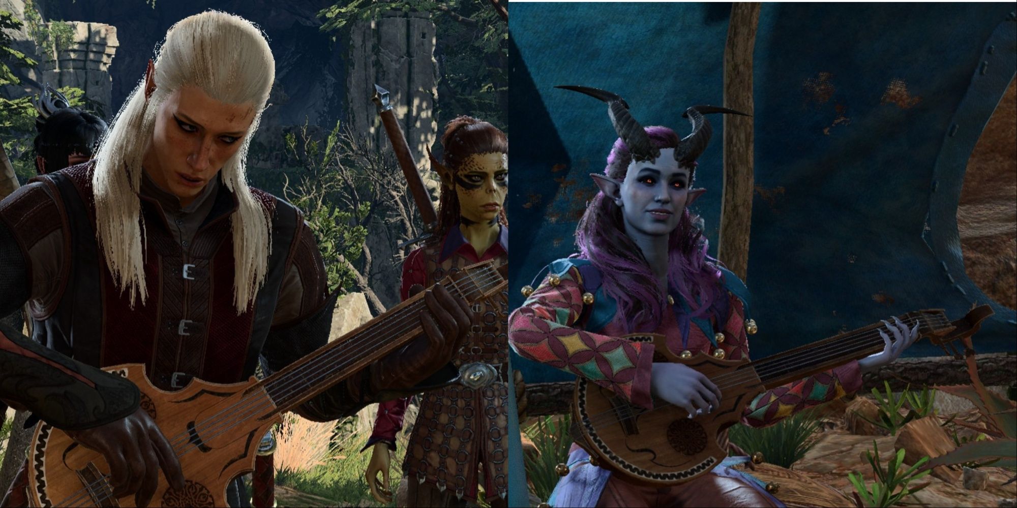 A split image of the player character and Alfira playing lutes in Baldur's Gate 3 