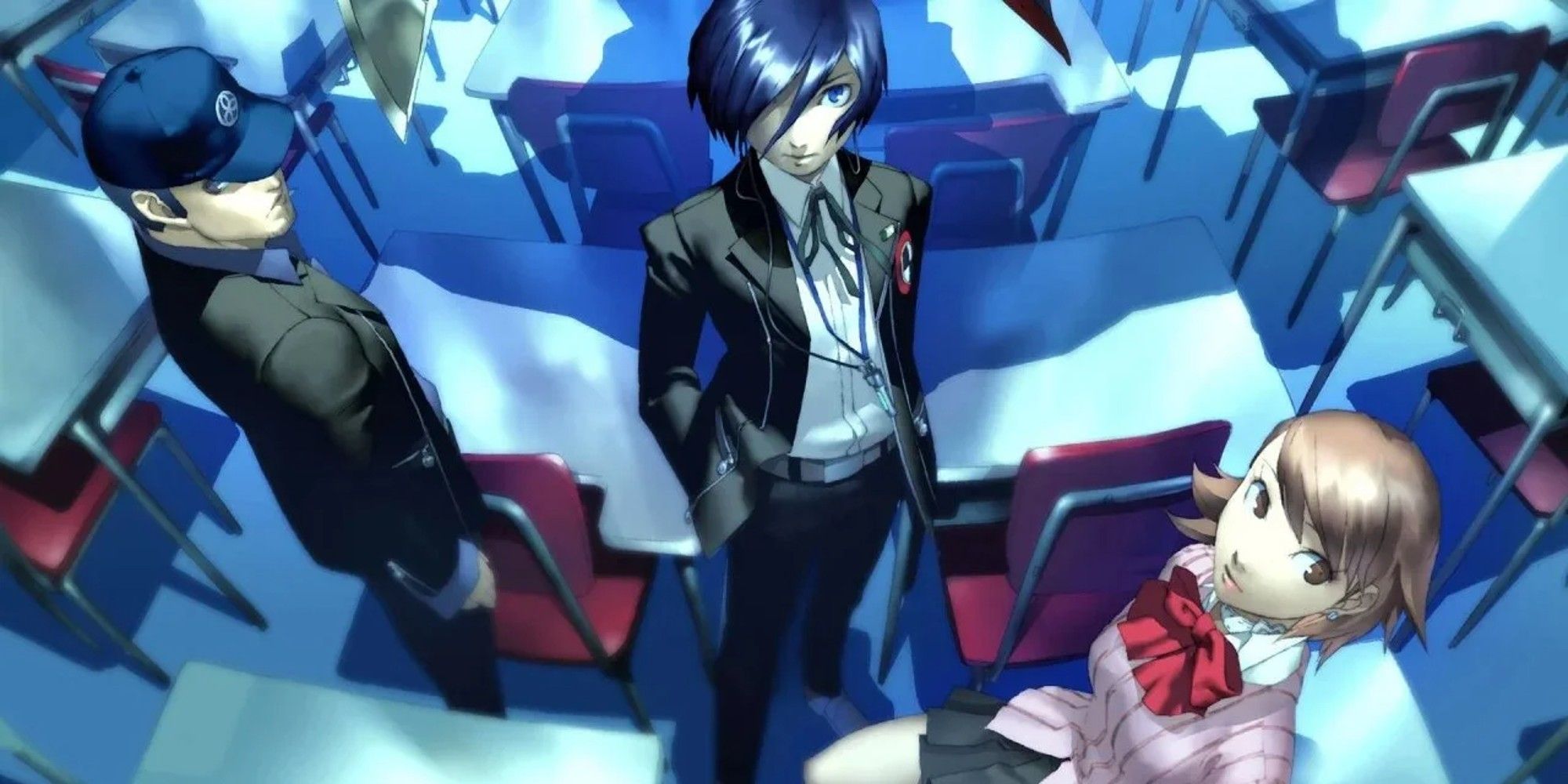 Protagonist standing in between Junpei left and Yukari Right in a classroom