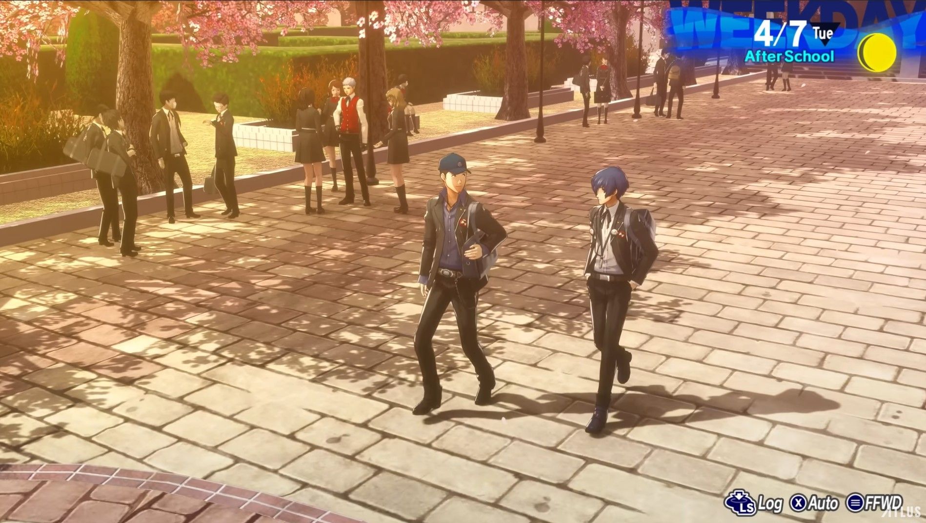 makoto yuki and junpei iori walking out of gekkoukan high while akihiko sanada talks to girls persona 3 reload