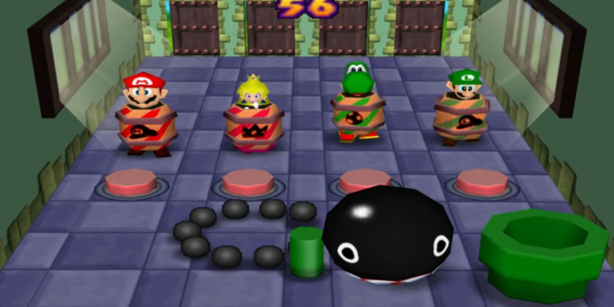 Mario, Peach, Yoshi, and Luigi sneak up on a Chain Chomp