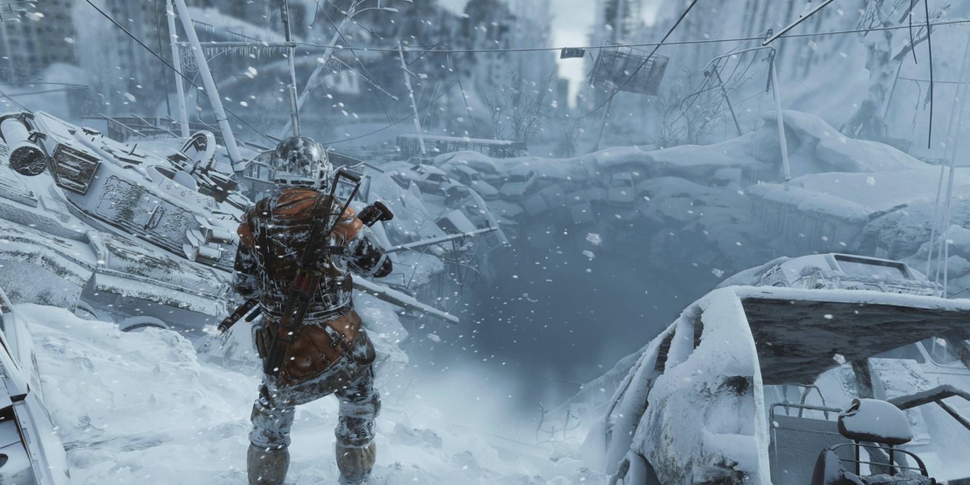 A figure in Metro Exodus holding a gun in a very snowy environment