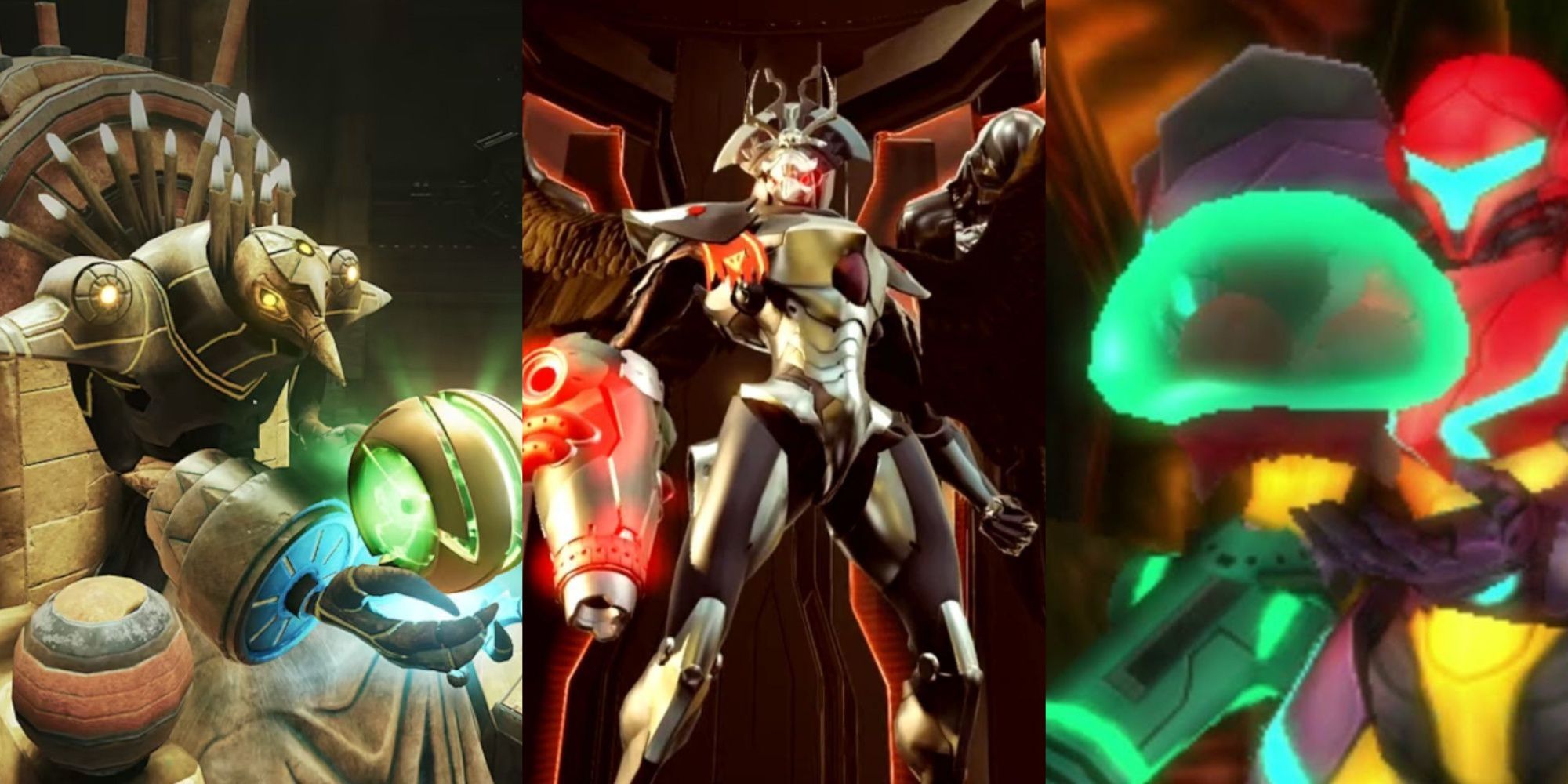 Metroid Prime Samus in morph ball form in the arms of a Chozo staute, Raven Beak from Metroid Dread with his wings spread out, and Samus holding the baby metroid in Samus Returns, left to right