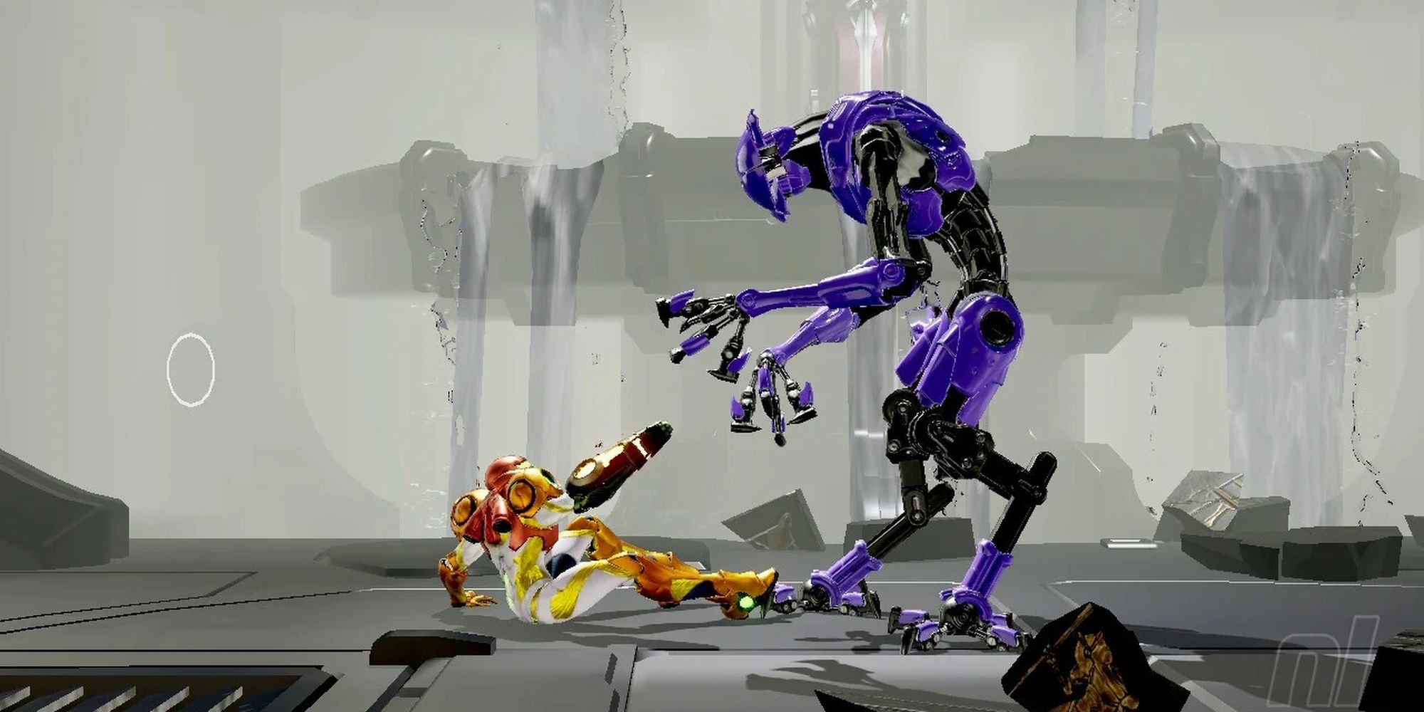 Metroid Dread: Samus Facing Off Against An EMMI Droid.