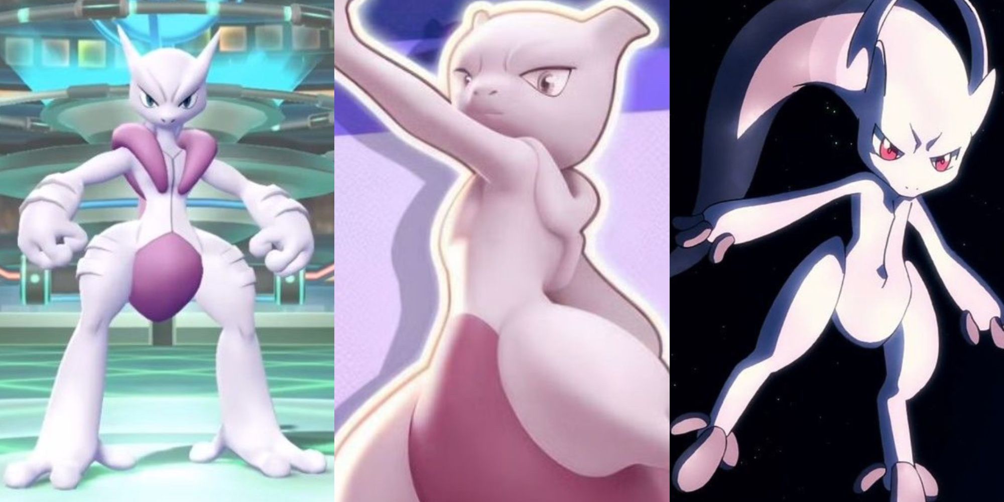 A split image of Mega Mewtwo X, Mega Mewtwo Y, and Mewtwo from Pokemon Unite.