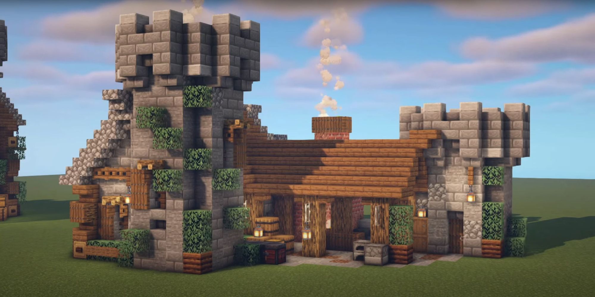 An image from Minecraft of an upgraded Villager Blacksmith. This wooden house features a large fireplace and two stone towers. 