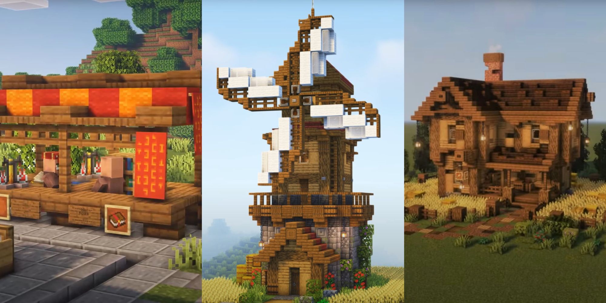 An image from Minecraft of three different Village Build Ideas, a marketplace, a large windmill, and an upgraded farmhouse.
