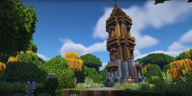 An image from Minecraft of a Village Watch Tower, that can be placed around a custom village to look out for dangerous mobs