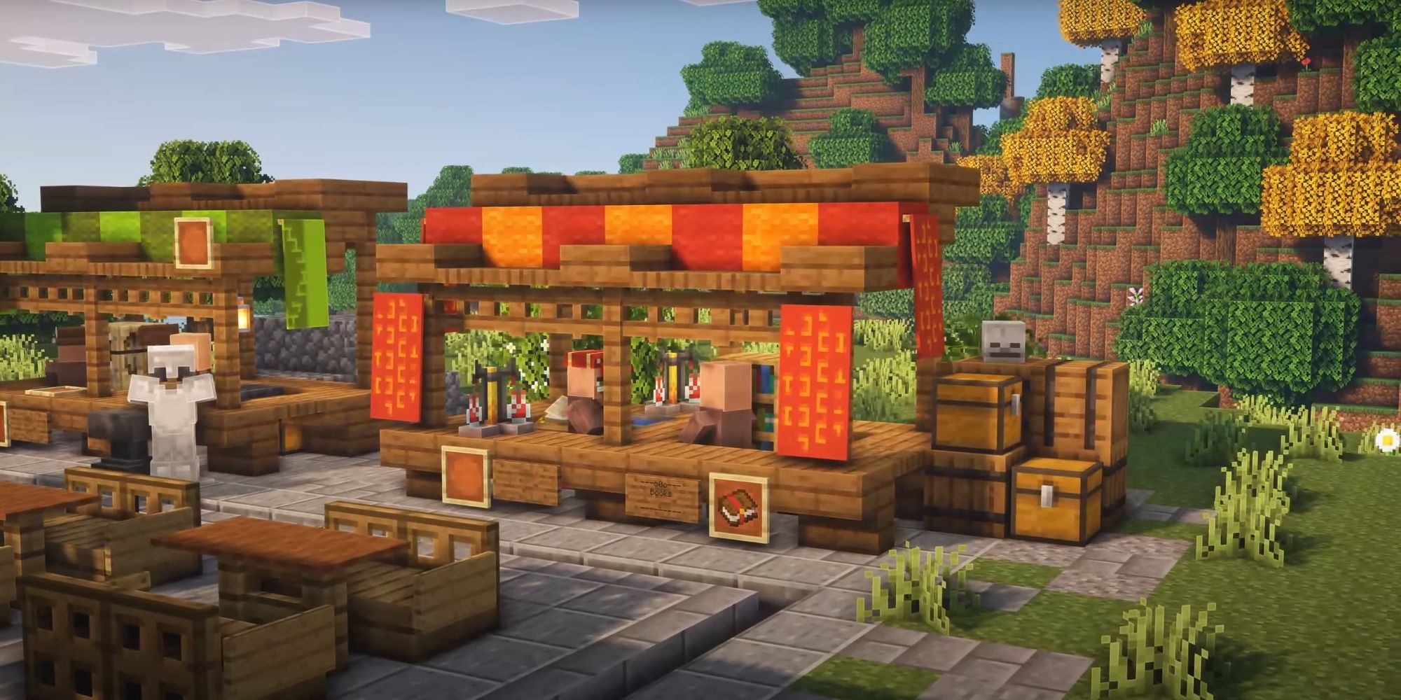 An image from Minecraft Villager of villagers talking with each other in Trading Stalls. This build allows you to make a marketplace that can be used to earn materials or emeralds.
