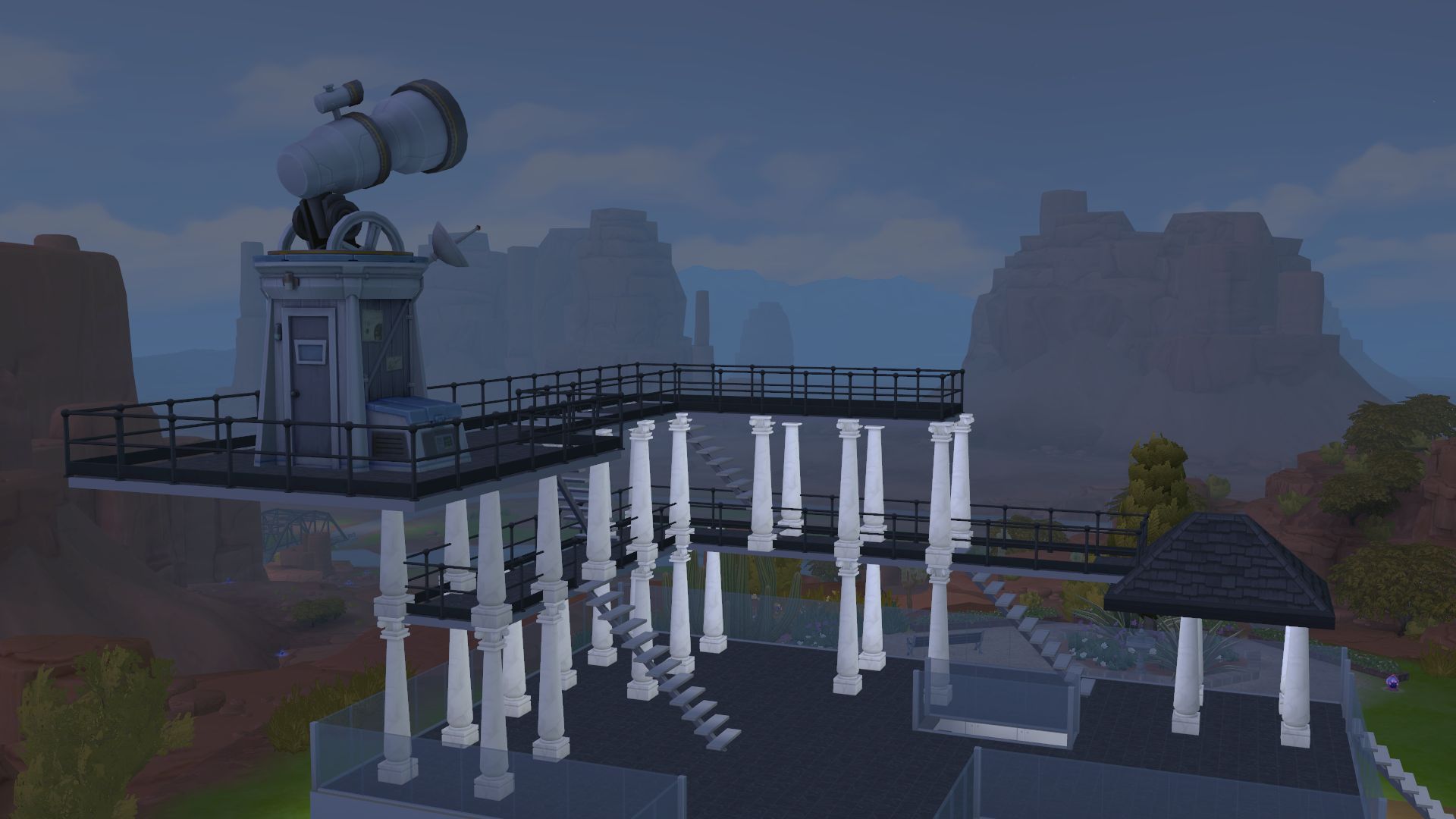 An image of the Curious's house from Sims 2 recreated in Sims 4; a Sim is using the telescope to look at the sky at night.