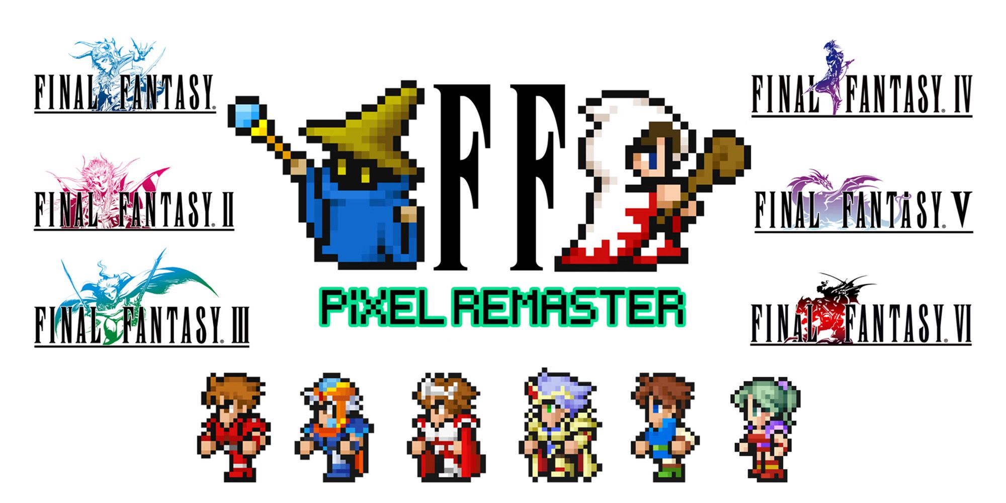 Final Fantasy Pixel Remaster - Characters From The First Six Final Fantasy Games On A White Background
