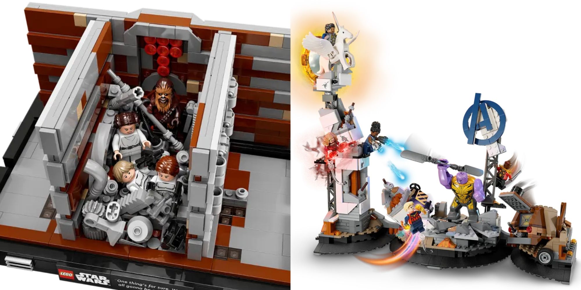 Movie Themed Lego Sets Featured Split Image Of Star Wars Trash Compactor and Avengers Endgame