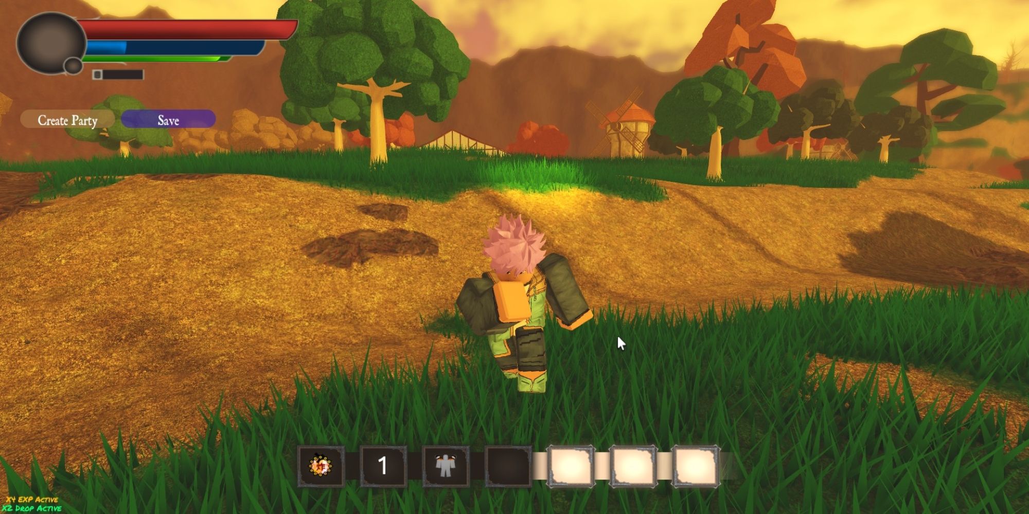 A pink haired protagonist Nitro Dashes through a field in the Roblox game, Deadly Sins Retribution.