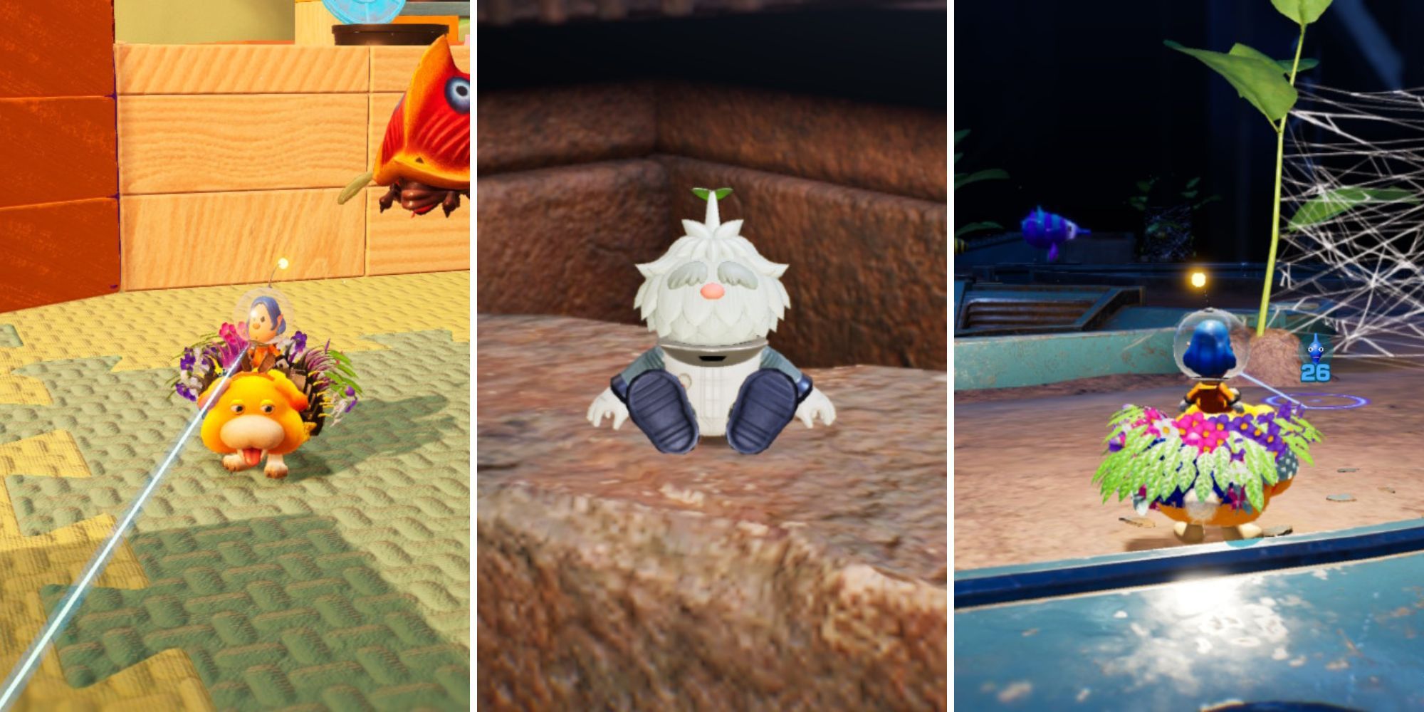 Oatchi and Pikmin wait in a giant living room, the Sage Leaf sits on a rock, Oatchi and Pikmin sit in a dark cave